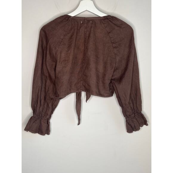 Reformation 100% Linen Puff Sleeve Tie Front Crop Blouse Brown Women's Size S - Picture 6 of 7